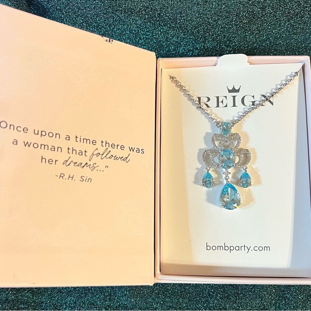 Bomb Party Reign “The Chandelier Pendant” Necklace Aqua CZ NWT RBP7683